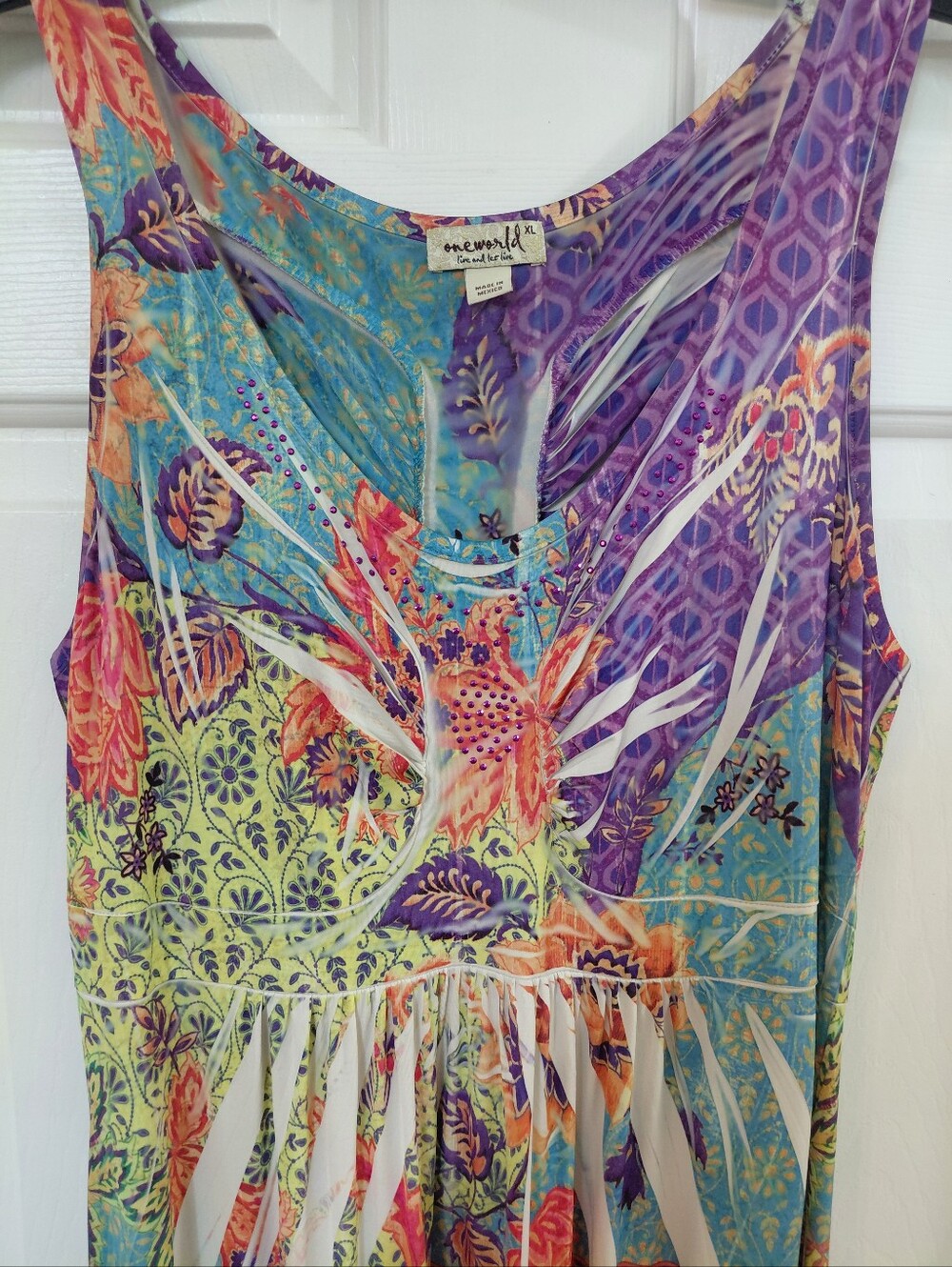 ONE WORLD Multicolor Floral Scoop Neck Maxi Dress - Purple/Blue/Green